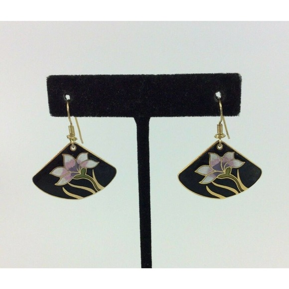 Unbranded Jewelry - Vintage Cloisonne Dangle Earrings Fan Shape Floral